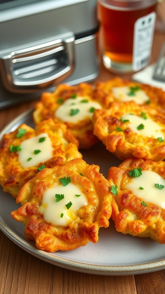 Crispy clam fritters with cheese, garnished with parsley, served on a plate next to a school lunchbox.